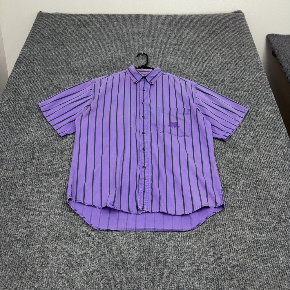 Vintage Bugle Boy Shirt Mens L Purple Cotton Striped Short Sleeve Retro Casual
